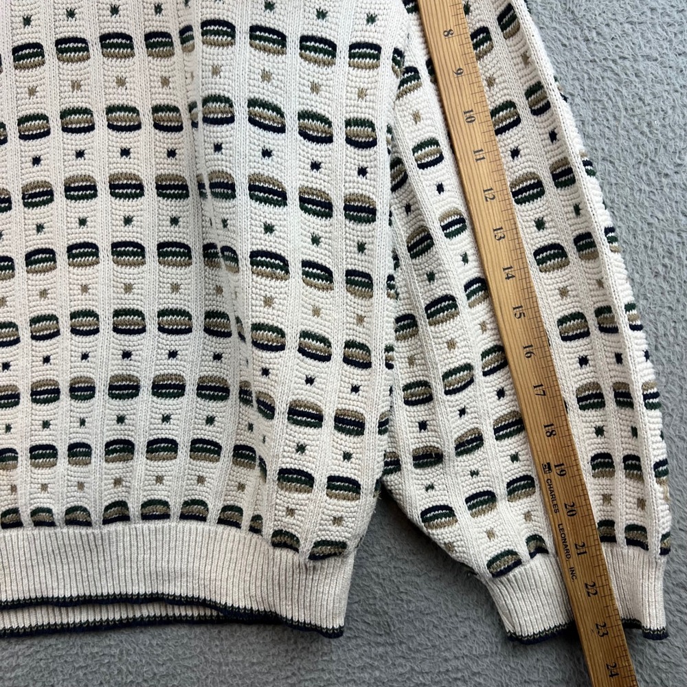 Vintage Textured Knit Geometric Crewneck Sweater Mens Cream Green Brown Pattern - Picture 4 of 8